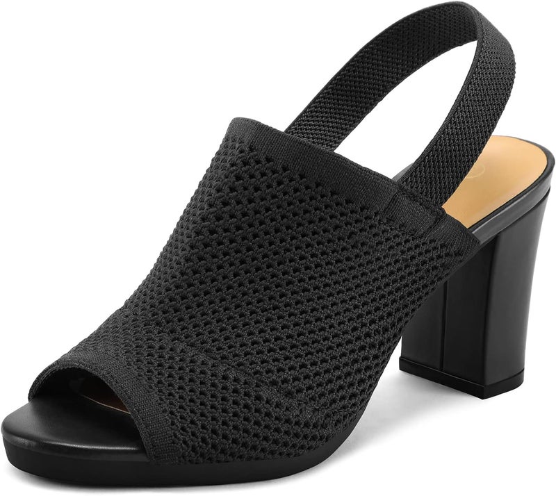 mysoft Women's Knit Chunky Block High Heels Elastic Slingback Open Toe 3 Inch Heeled Sandals - Image 1